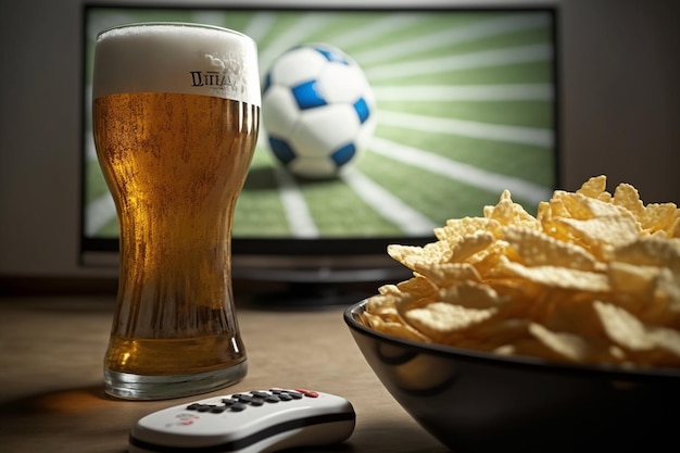 Televisión televisión viendo un partido de fútbol con bocadillos y alcohol relajarse frente a la televisión Un partido de fanáticos jugar con un plato de papas fritas Jarra de cerveza en la mesa Bebidas de palomitas de maíz