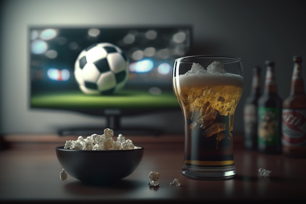 Foto televisión televisión viendo un partido de fútbol con bocadillos y alcohol relajarse frente a la televisión un partido de fanáticos jugar con un plato de papas fritas jarra de cerveza en la mesa bebidas de palomitas de maíz