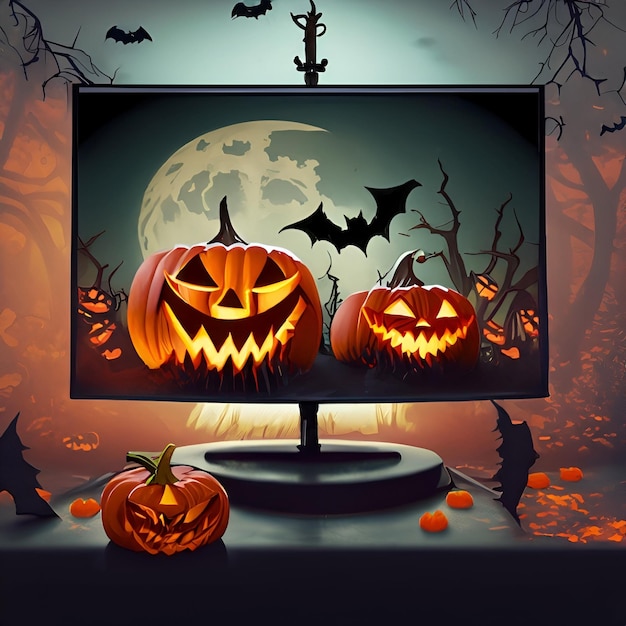 Televisión temática de Halloween en un fondo de atmósfera oscura con una pantalla vacía rodeada de calabazas