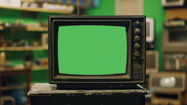 Televisión vintage con pantalla verde en una habitación retro electrónica y concepto de nostalgia