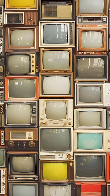 Televisões amarelas empilhadas criam uma fachada artística de simetria