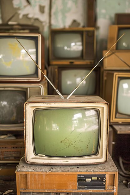 Foto televisões antigas com antenas de orelha de coelho em ambiente vintage