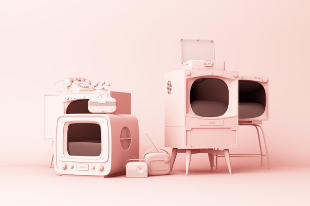 Televisões antigas e leitor de rádio vintage em um fundo rosa renderização 3D