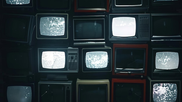 Televisões vintage em espaço escuro simbolizam a influência da mídia, dependência e desinformação.