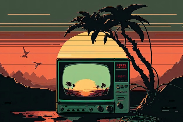 Un televisor antiguo con una palmera y una puesta de sol de fondo.