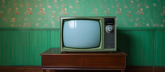 Televisor antiguo con pantalla verde y VCR sobre fondo de papel tapiz