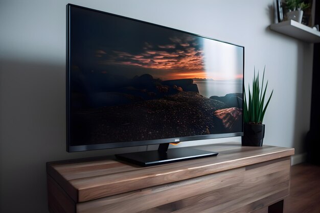 El televisor en una mesa de madera en la sala de estar en casa