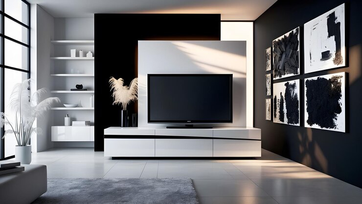un televisor de pantalla plana está en un soporte blanco con un marco negro