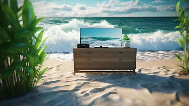 un televisor de pantalla plana en una mesa en la playa con el océano en el fondo.