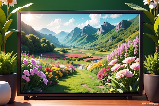 Un televisor de pantalla plana con un paisaje en la pantalla y flores a la izquierda.