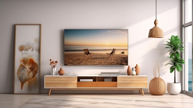 Un televisor en una pared con una imagen de una playa.