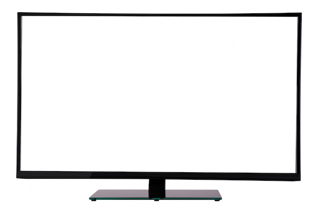 Televisor de plasma delgado moderno en soporte de vidrio negro aislado