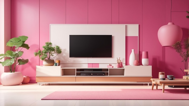 un televisor que está en un estante con una pared rosa