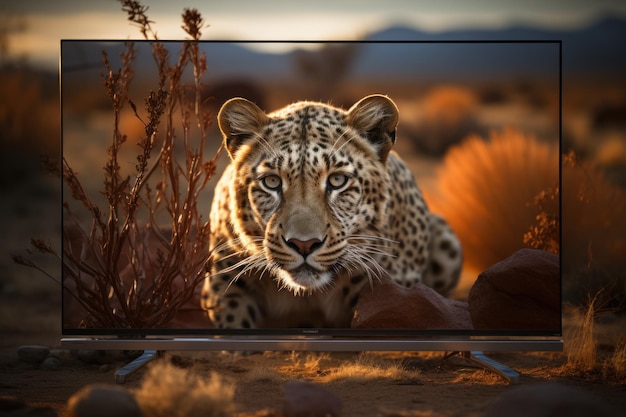 un televisor que muestra un leopardo blanco caminando por un prado