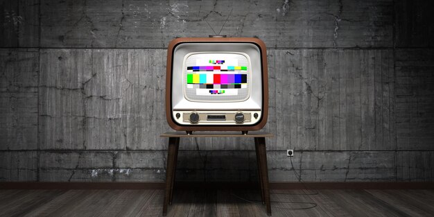 El televisor retro es una ilustración 3D de pared de hormigón.