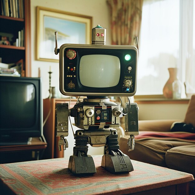 Un televisor sentado en una mesa en el estilo de visuales retro estética vintage