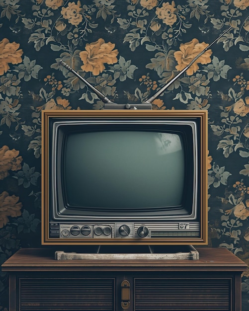 Un televisor sentado en una mesa en el estilo de visuales retro estética vintage