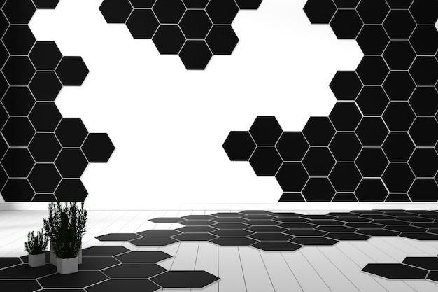 Foto telha de hexágono cor preto e branco piso de madeira - mínimo. renderização em 3d