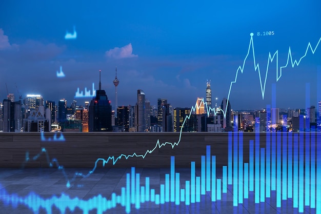 Telhado com terraço de madeira Skyline noturno de Kuala Lumpur Previsão e modelagem de negócios de mercados financeiros hologramas gráficos digitais Centro da cidade Dupla exposição