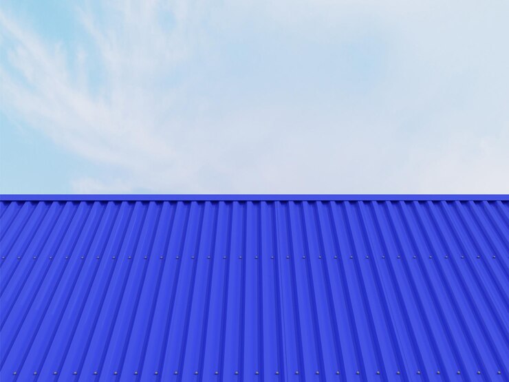 Foto telhado de chapa de metal azul em fundo azul3d rendering