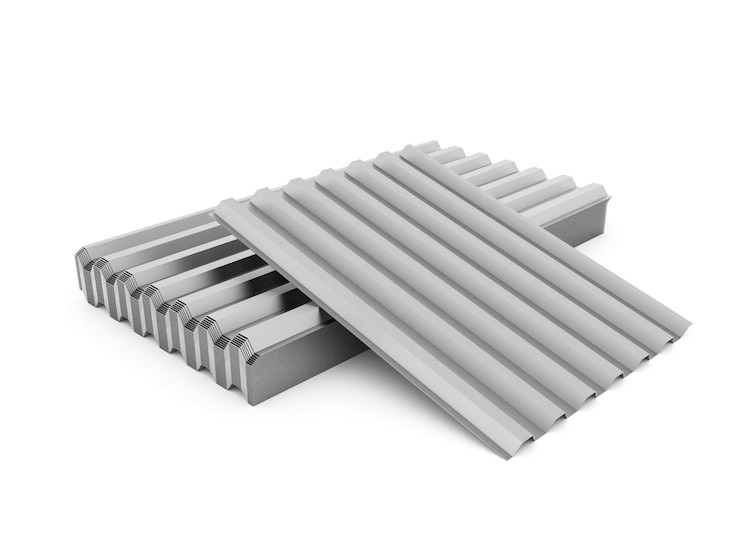 Foto telhado de folha de metal folhas de perfil de aço na ilustração 3d de fundo branco