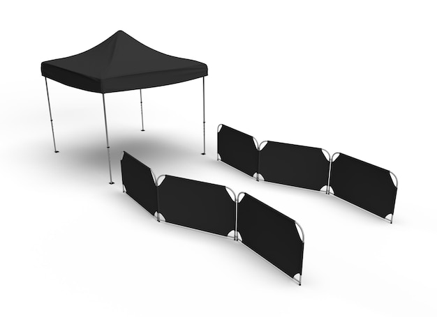 Telhado de tenda de gazebo preto com exibição de parede de partição dobrável na frente criando um caminho de caminhada