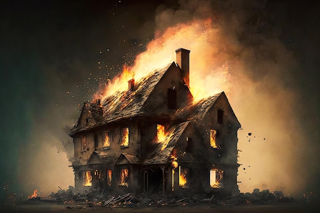 Foto telhado e paredes em ruínas queimando a casa durante o desastre de incêndio