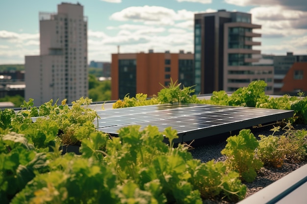 Telhado verde moderno adornado com plantas vibrantes complementado por painéis solares estrategicamente posicionados