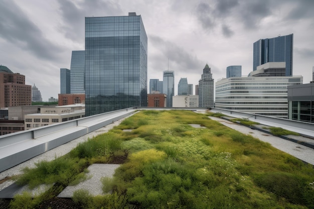 Telhado verde no prédio de escritórios moderno com vista para o horizonte da cidade criado com generative ai