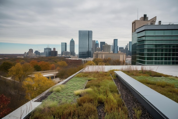 Telhado verde no prédio de escritórios moderno com vista para o horizonte da cidade criado com generative ai