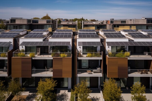 Telhados adornados com painéis solares num cenário urbano moderno que apresenta arquitetura sustentável