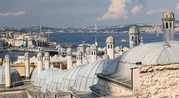 Telhados de banho Suleymaniye e Estreito de Bósforo em Istambul, Turquia