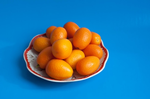 Teller Kumquat auf farbigem Hintergrund