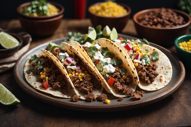 Teller mexikanischer Straßentacos mit Carne Asada Chorizo und Al Pastor in Mais-Tortillas