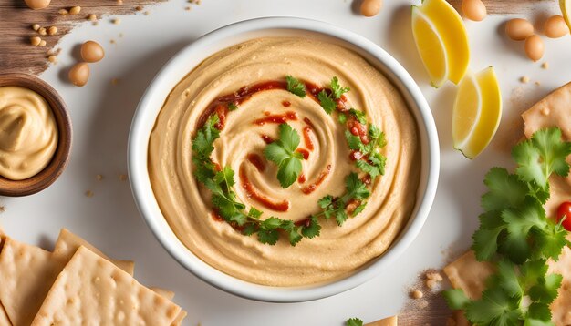 Foto teller mit arabischem traditionellem hummus ai generiert