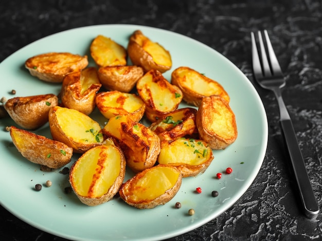 Teller mit Bratkartoffeln auf dunklem Hintergrund