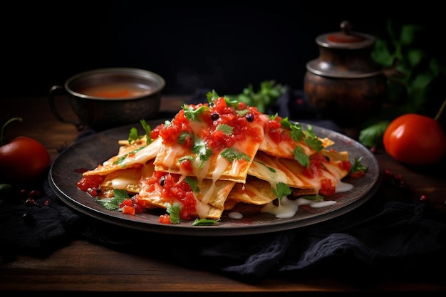 Teller mit Chilaquiles mit geschmolzenem Käse