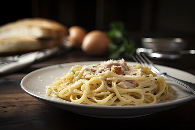 Teller mit cremiger Carbonara mit Speck und Ei