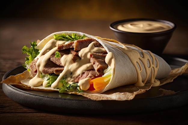 Teller mit Döner im Sandwich-Wrap mit Hummus-Tahini-Sauce, kreiert mit generativer KI