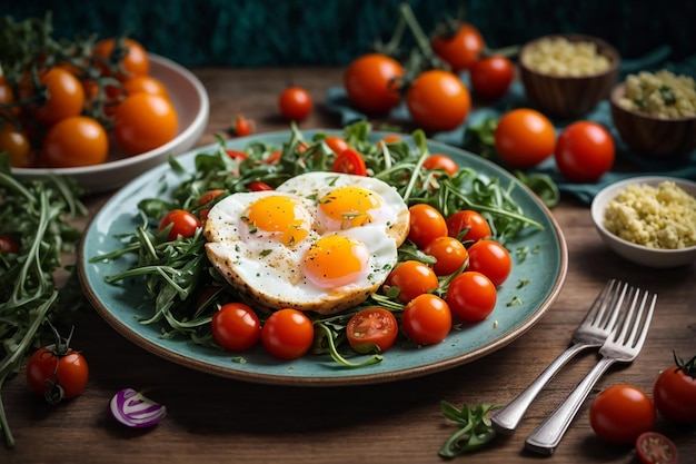 Teller mit einem Keto-Diät-Essen, Kirschtomaten, Hähnchenbrust, Eiern, Karottensalat mit