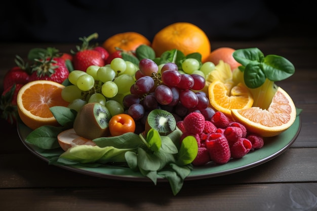 Teller mit frischem Obst und Gemüse, reich an Antioxidantien und Vitaminen, hergestellt mit generativer KI