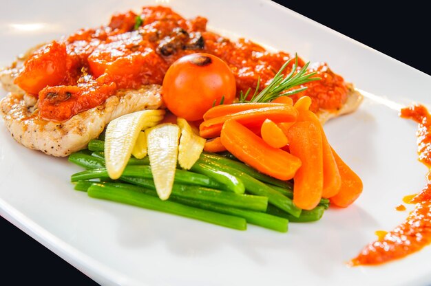 Teller mit gebratenem Hähnchenfilet mit gedämpftem Gemüse und roter Sauce