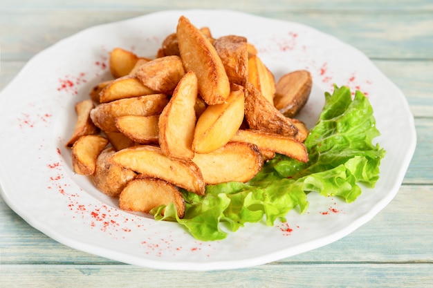 Teller mit gebratenen Kartoffeln mit Salat und Paprika