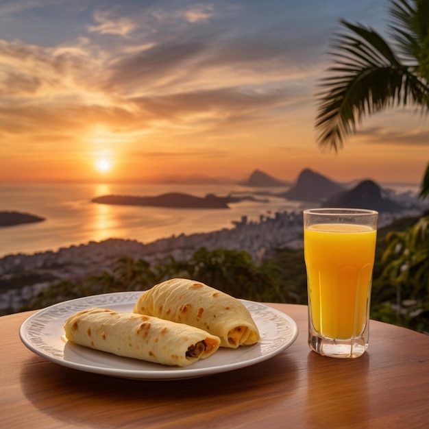 Teller mit gefülltem Roti-Glas mit frischem Fruchtsaft und Dessert Hintergrund Sonnenuntergang erstellt von KI