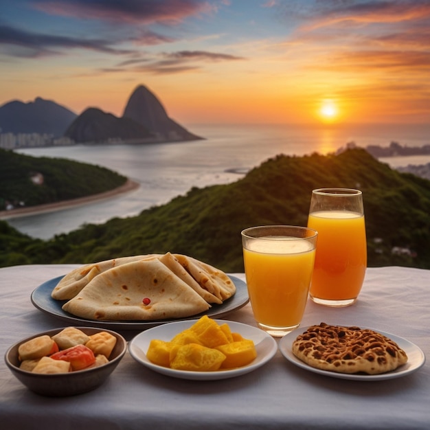 Teller mit gefülltem Roti-Glas mit frischem Fruchtsaft und Dessert Hintergrund Sonnenuntergang erstellt von KI