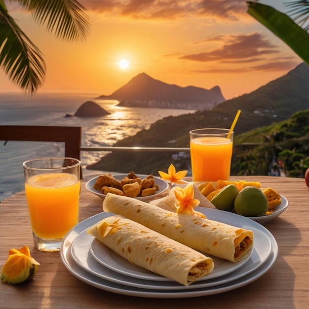 Teller mit gefülltem Roti-Glas mit frischem Fruchtsaft und Dessert Hintergrund Sonnenuntergang erstellt von KI