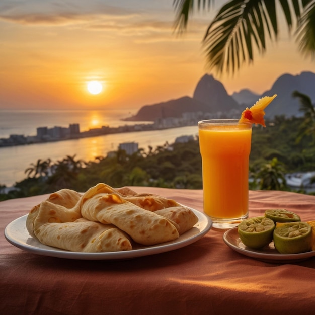 Teller mit gefülltem Roti-Glas mit frischem Fruchtsaft und Dessert Hintergrund Sonnenuntergang erstellt von KI