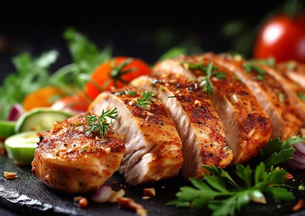 Foto teller mit gegrilltem hühnerfilet und frischem gemüse gesundes keto-mittagessen auf dem tischai generative