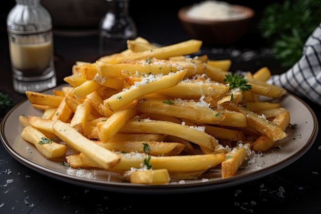 Teller mit goldbraunen Pommes, bestreut mit Salz und Pfeffer, hergestellt mit generativer KI