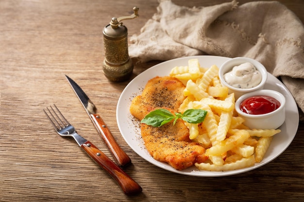 Teller mit Hähnchenschnitzel und Pommes Frites